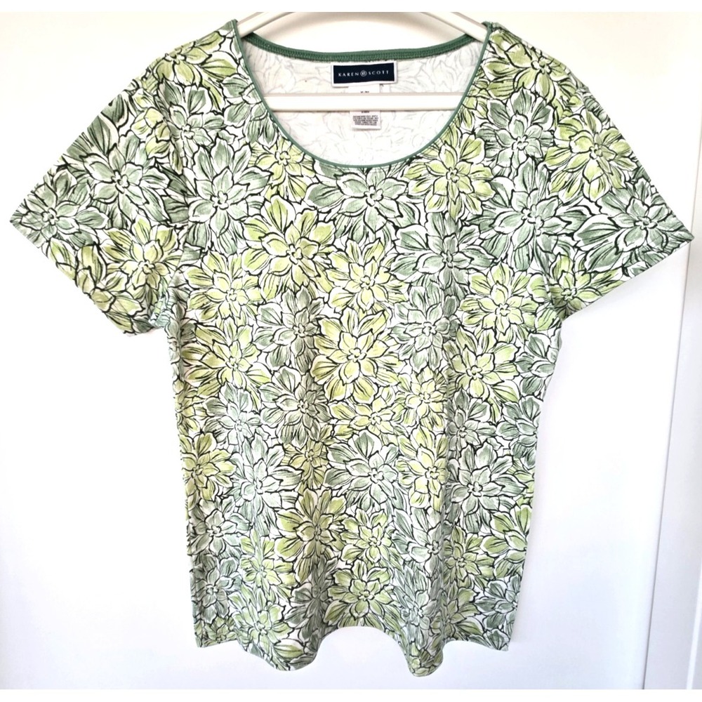 Karen Scott Round Neck T-shirt Top Green Floral Short Sleeves 90s Cottage Core